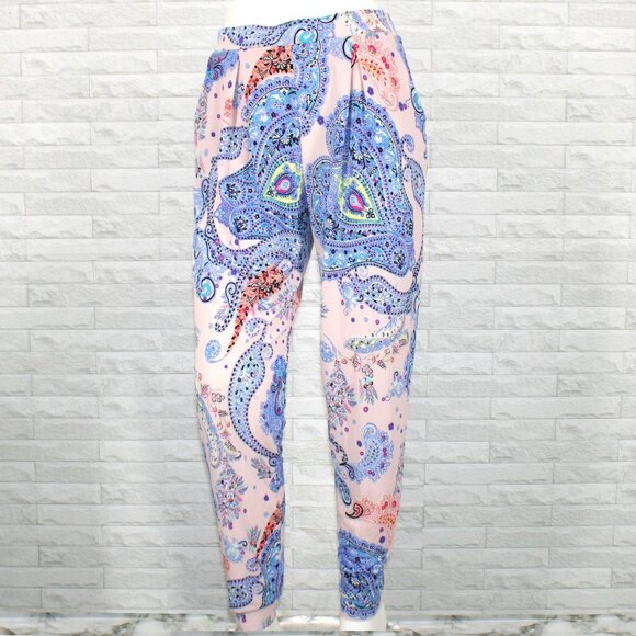 EXPRESS Joggers Pants Paisley Jersey Pleated Loungewear Floral Boho Blue Small - Picture 1 of 15